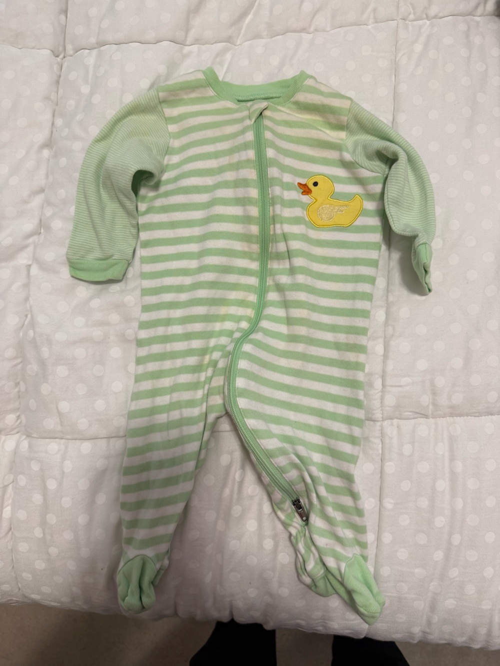 Tuffy Green & White Striped Baby Footie with Duck Applique